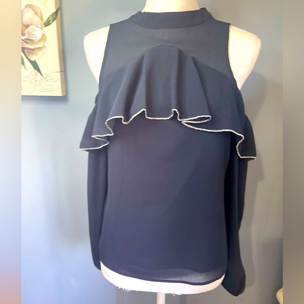 Saks fifth Avenue mock neck off shoulder navy blue top